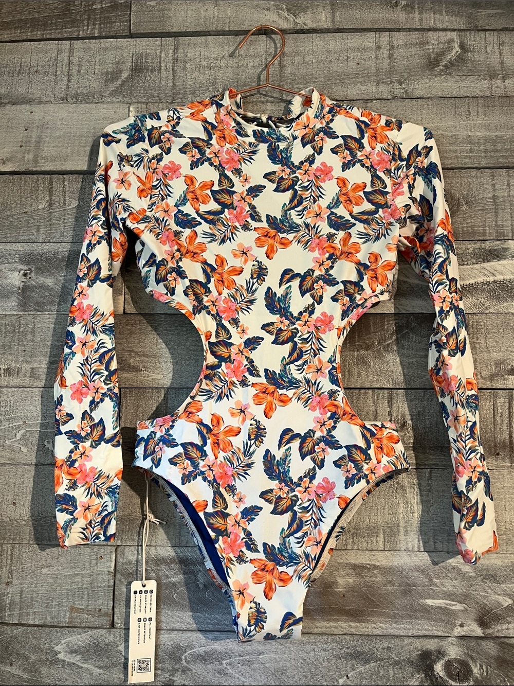 JOLYN Sabrina Surftec White Floral Long Sleeve Cutout Swimsuit S